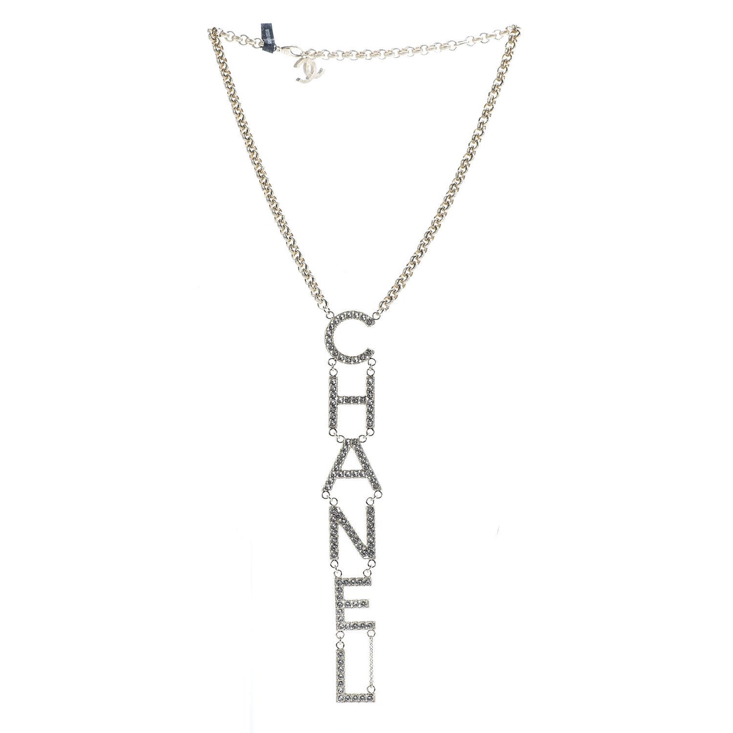 Metal Crystal Cha-Nel Logo Necklace Gold