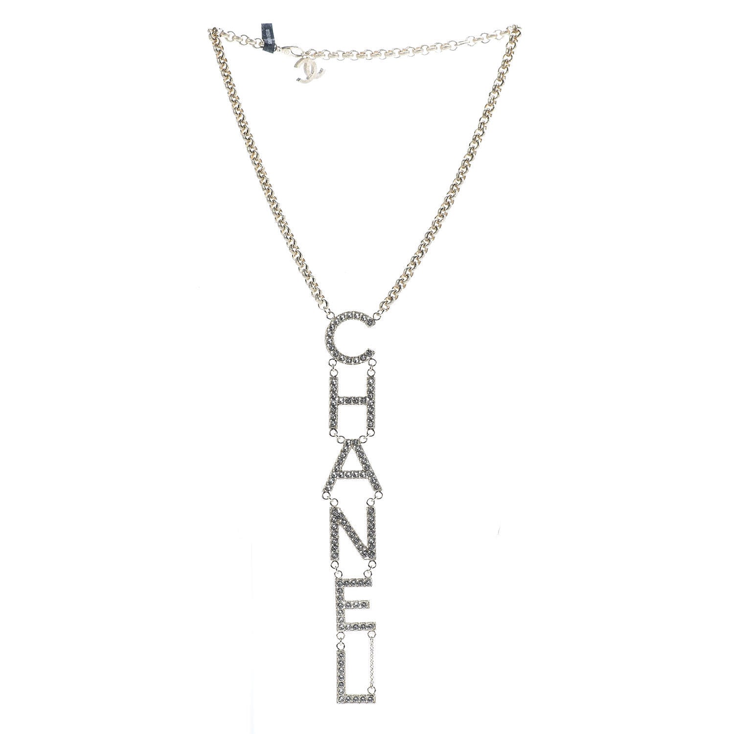 Chanel Metal Crystal Cha-Nel Logo Necklace Gold 3 of 7
