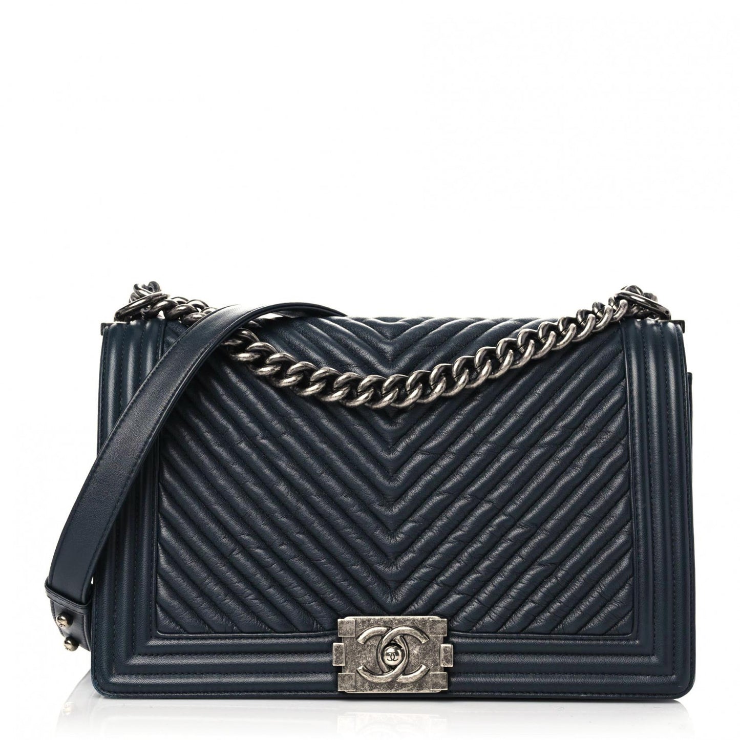 Wrinkled Lambskin Chevron Quilted New Medium Boy Flap Navy Blue
