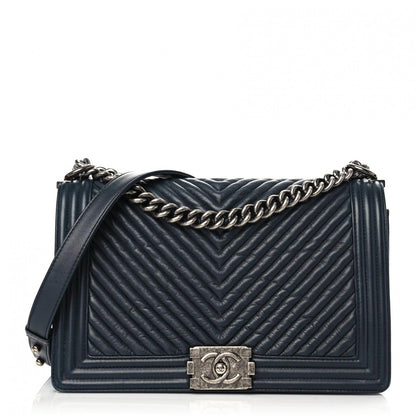 Chanel Wrinkled Lambskin Chevron Quilted New Medium Boy Flap Navy Blue 1 of 19