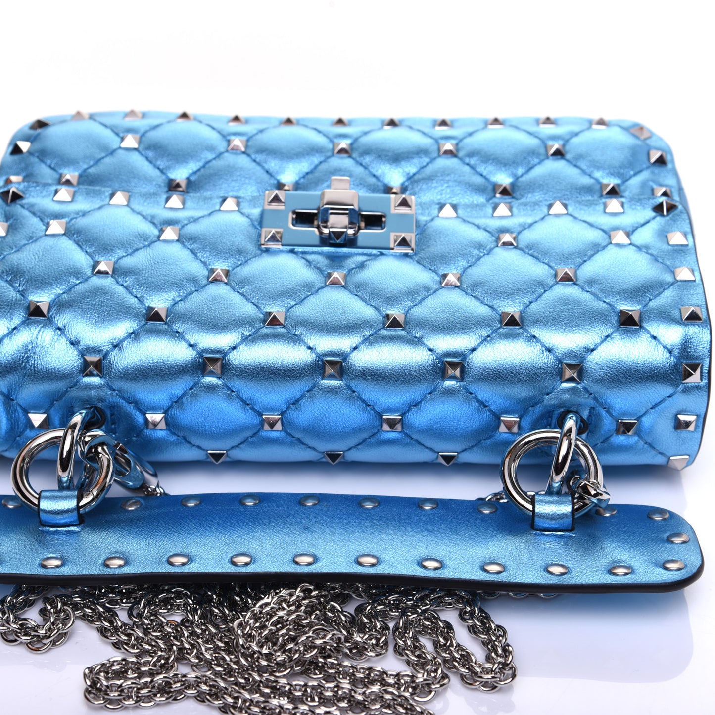 Metallic Nappa Small Rockstud Spike Shoulder Bag Cerulean