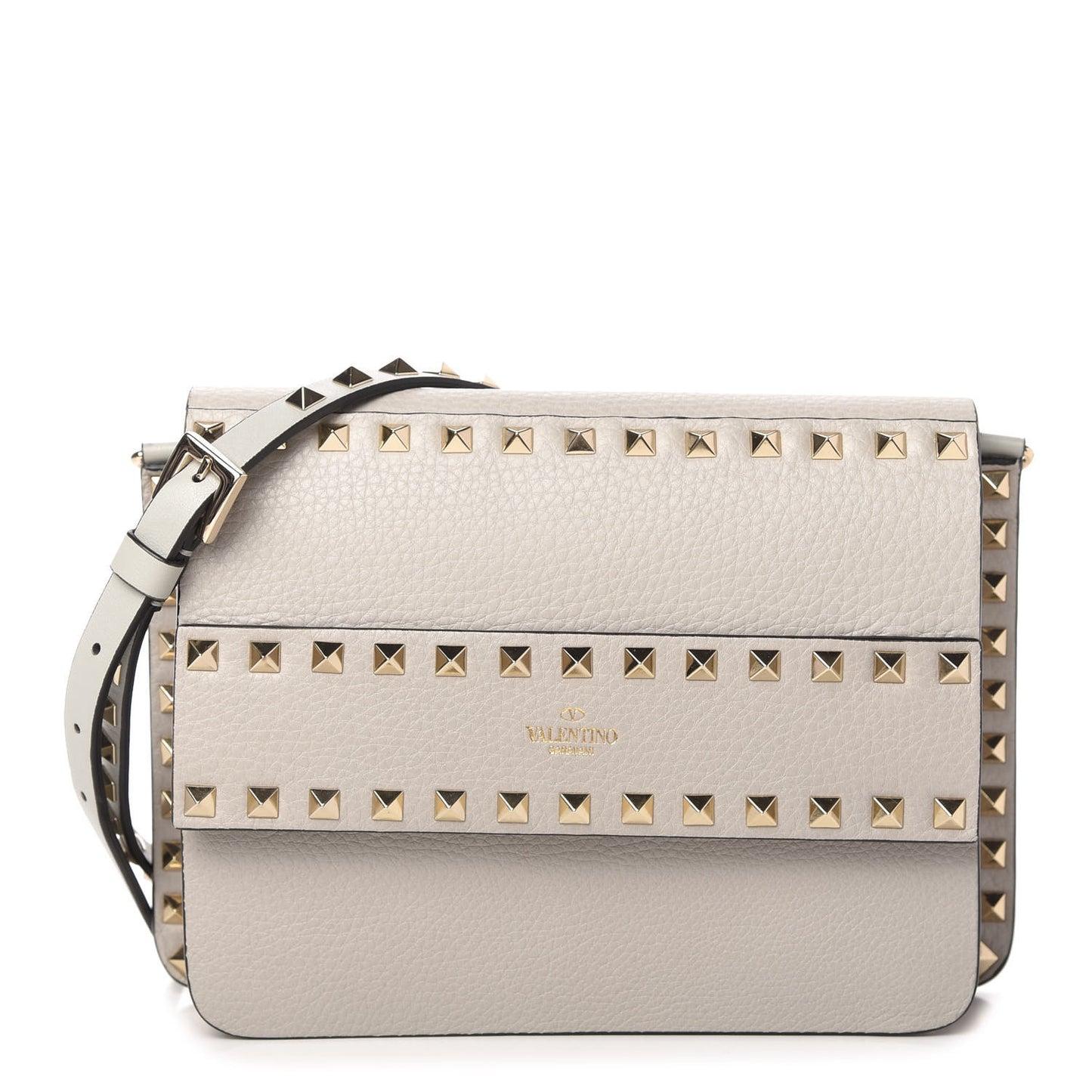 Pebbled Calfskin Rockstud Side Slip Crossbody Pastel Grey
