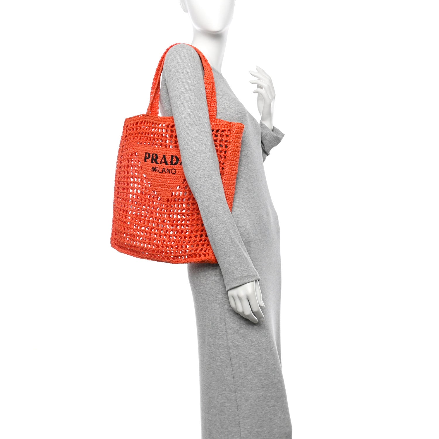 Prada Yarn Raffia Effect Crochet Logo Embroidered Tote Bag Arancio 2 of 9