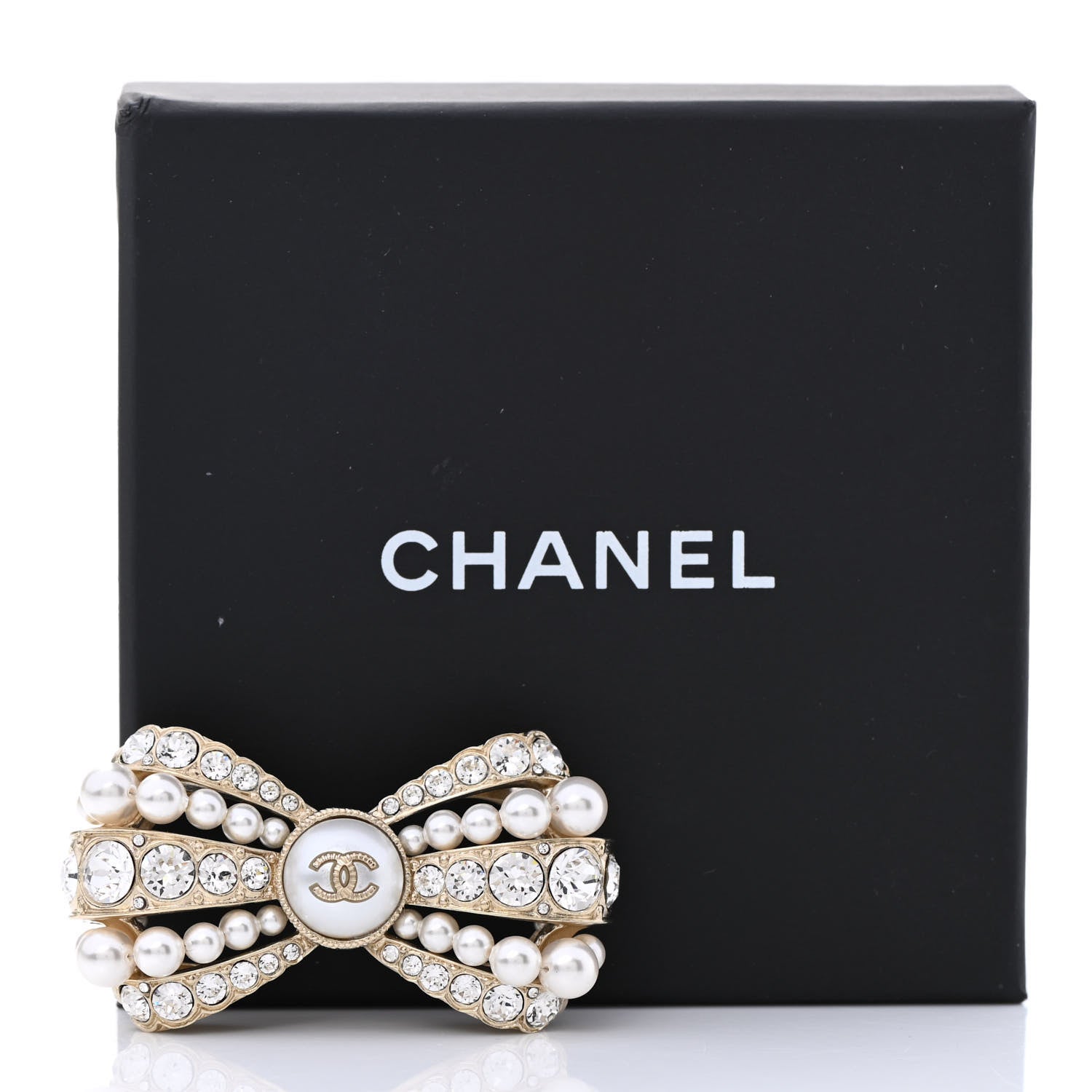 Chanel Metal Crystal Pearl CC Bow Brooch Gold 6 of 6