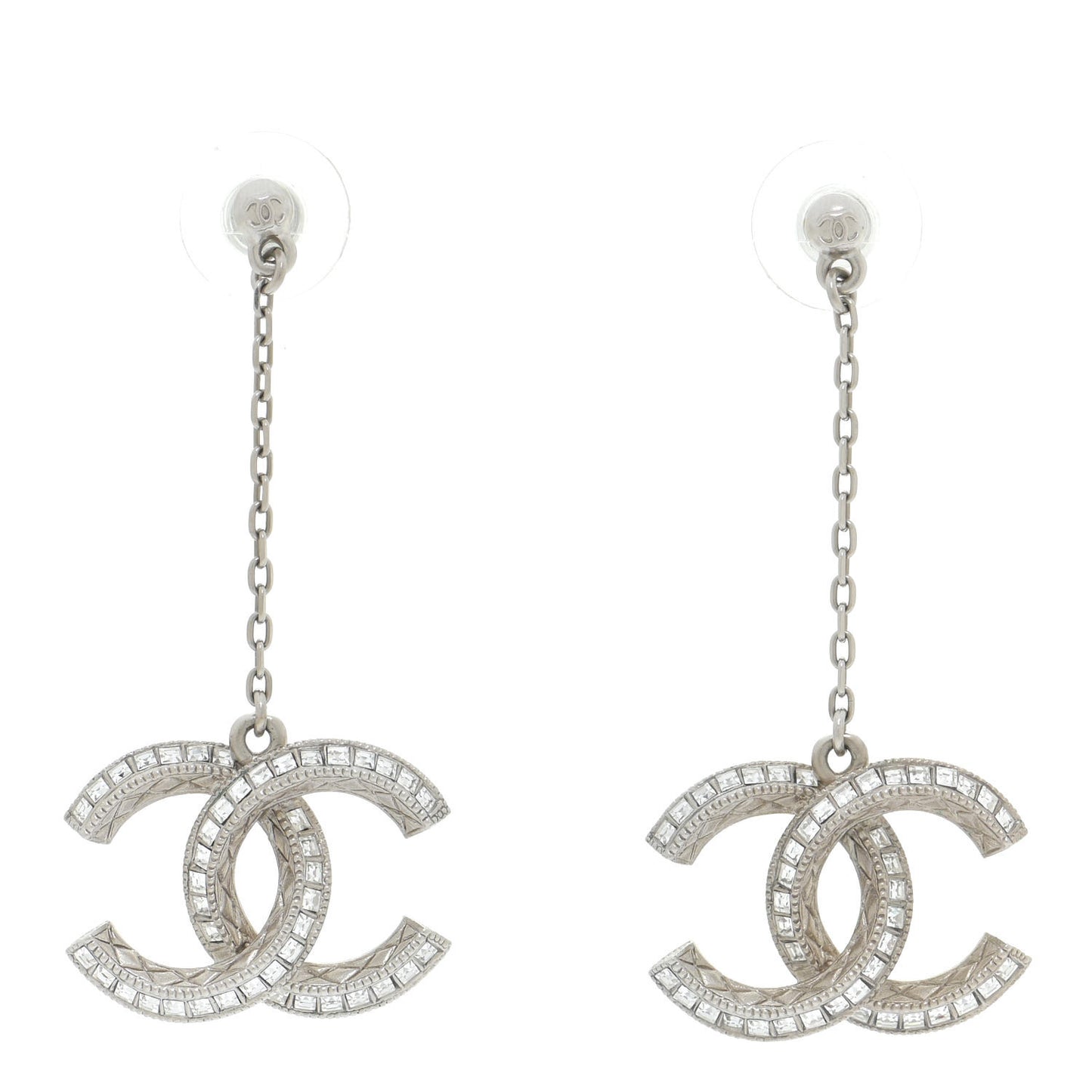 Baguette Crystal CC Drop Earrings Silver