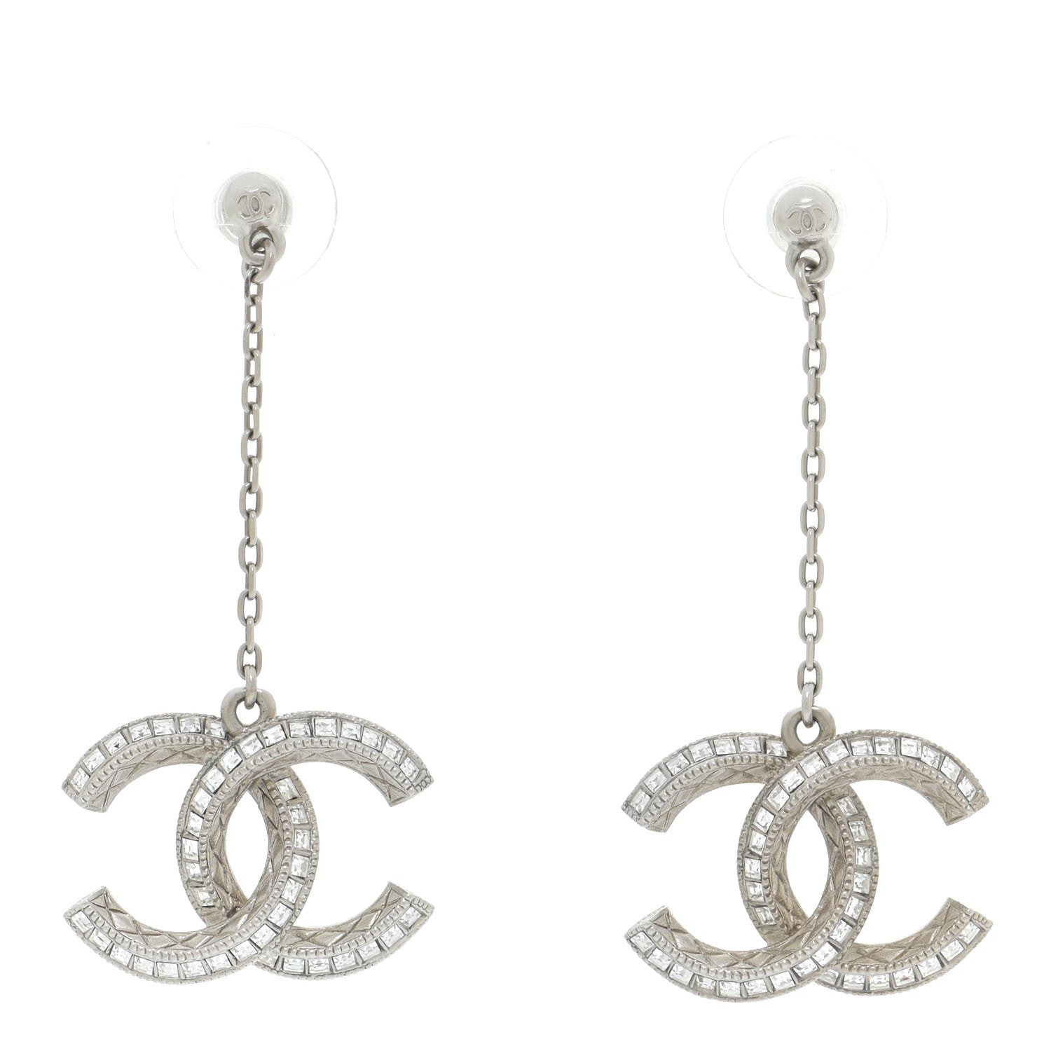Chanel Baguette Crystal CC Drop Earrings Silver 1 of 4
