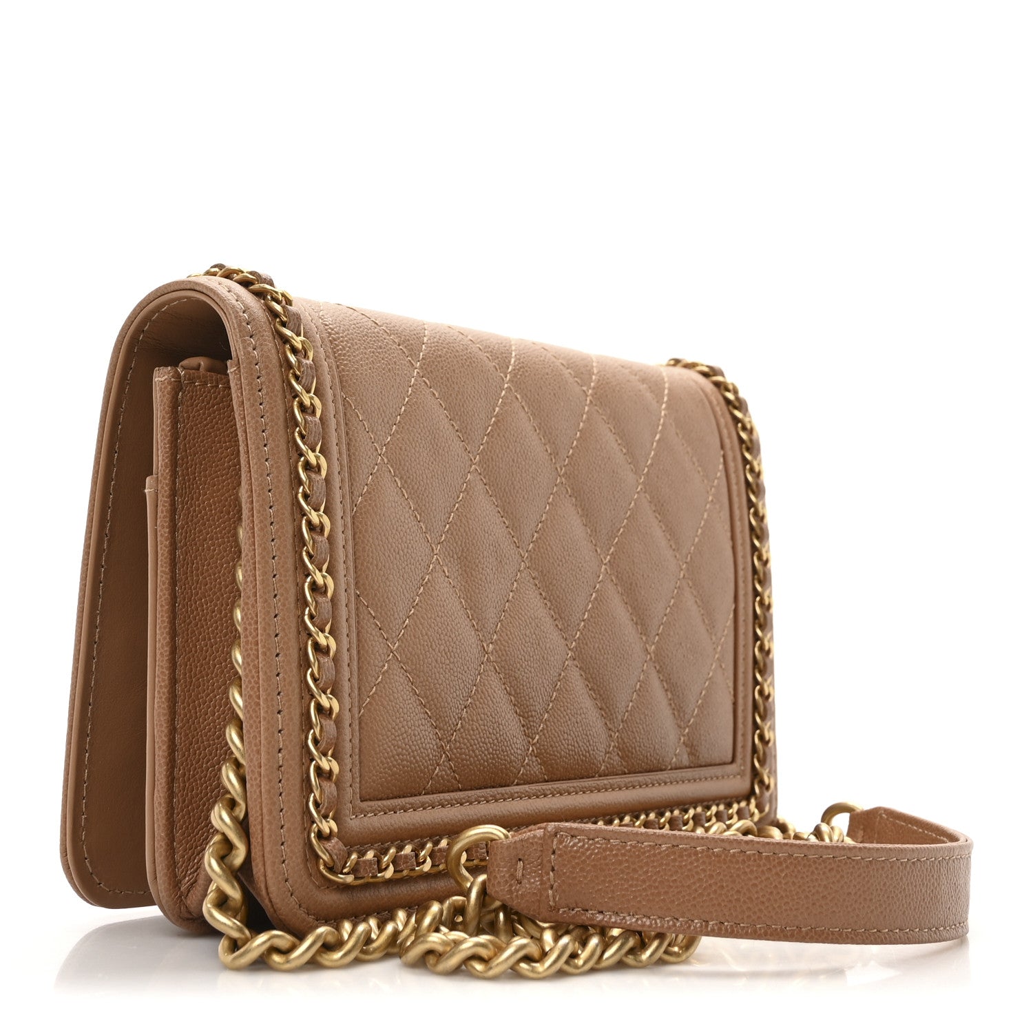 Chanel Caviar Quilted Chain Around Boy Wallet On Chain WOC Beige 3 of 11