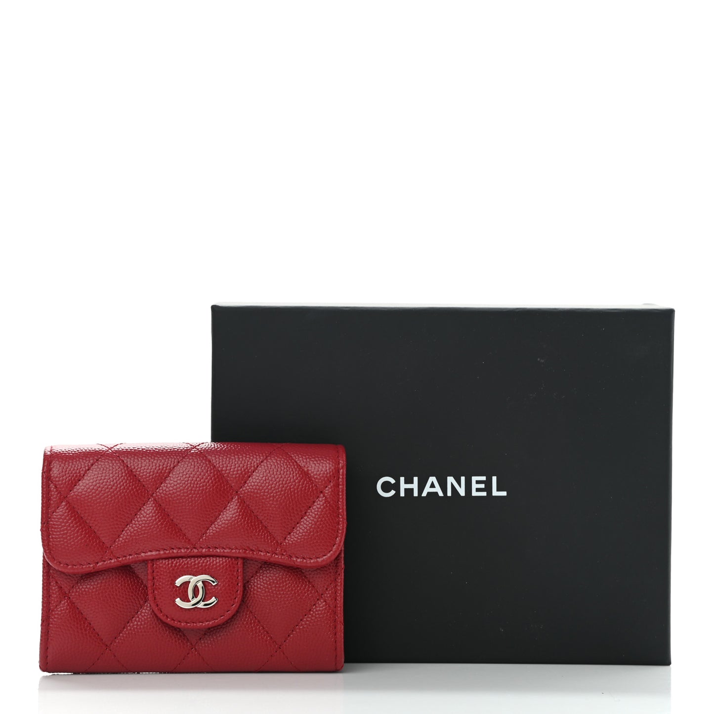 Caviar Quilted Flap Card Holder Wallet Dark Red