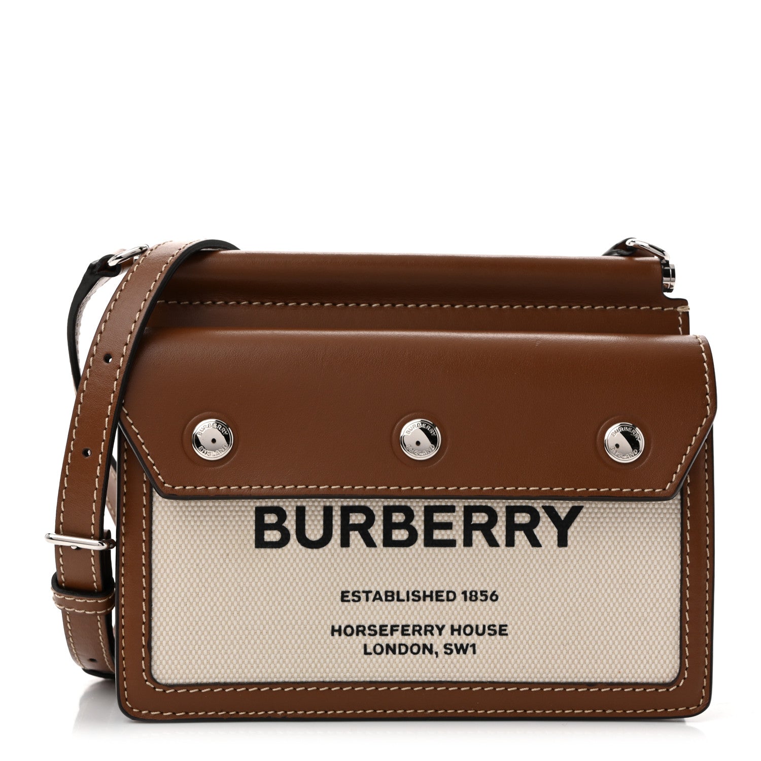 Burberry Smooth Calfskin Canvas Horseferry Print Mini Title Bag with Pocket Natural Malt Brown 1 of 9