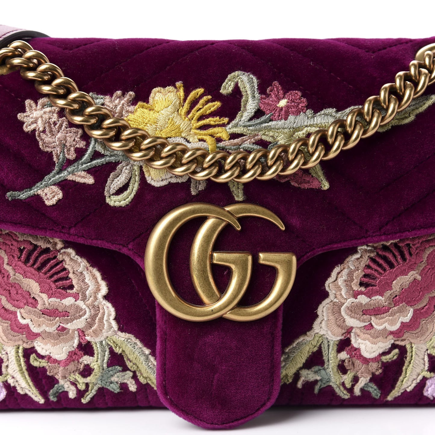Velvet Matelasse Embroidered Small GG Marmont Shoulder Bag Fuchsia Violet Cyclamen