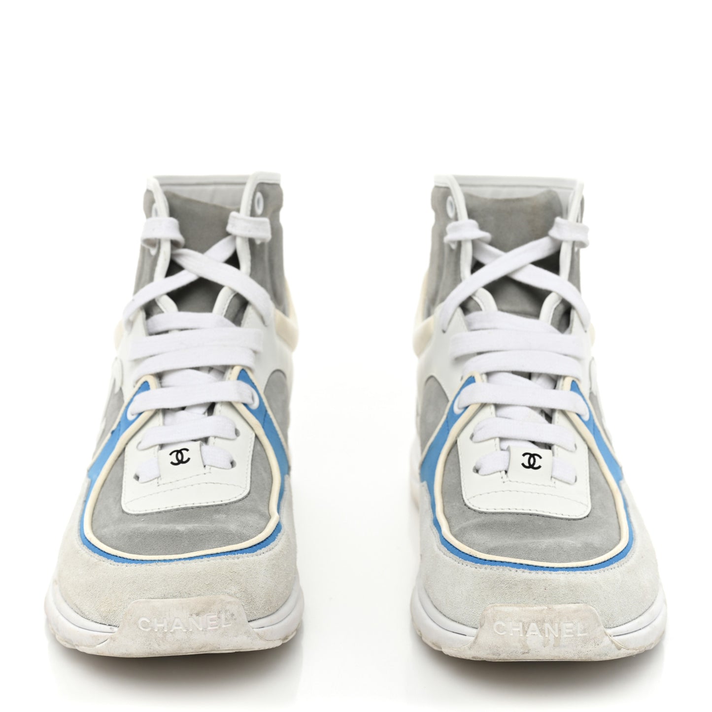 Suede Calfskin Lambskin High Top CC Sneakers 37 White Blue