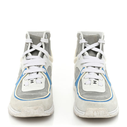 Chanel Suede Calfskin Lambskin High Top CC Sneakers 37 White Blue 2 of 14