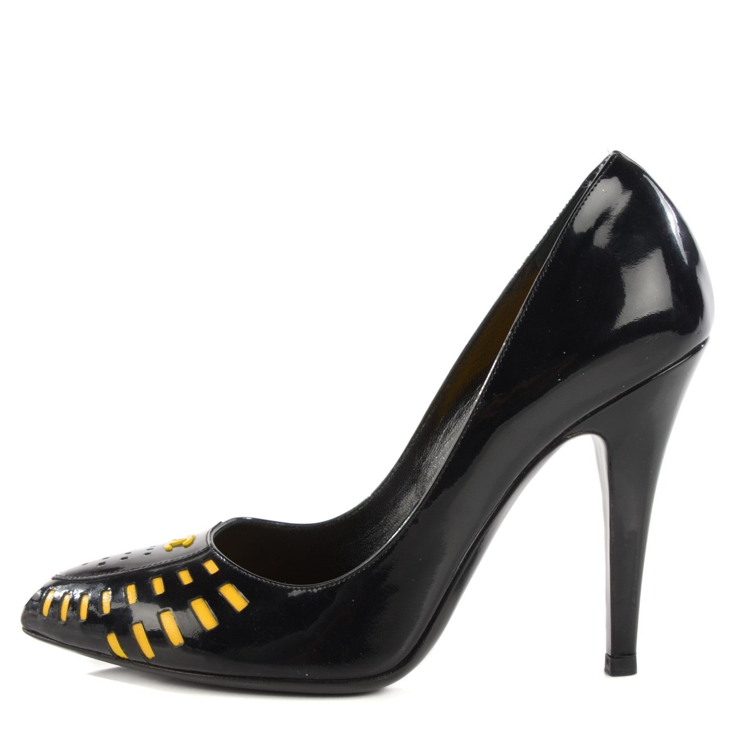 Chanel Patent Cut Out CC Pumps 38.5 Black Yellow 1 of 8