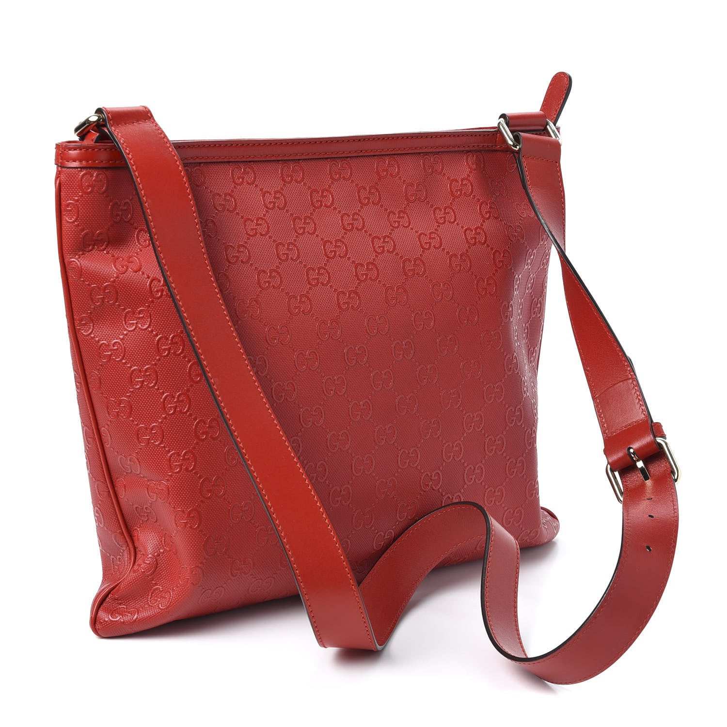 Gucci Coated Canvas Monogram Embossed Medium Flat Messenger Bag Red 2 of 9