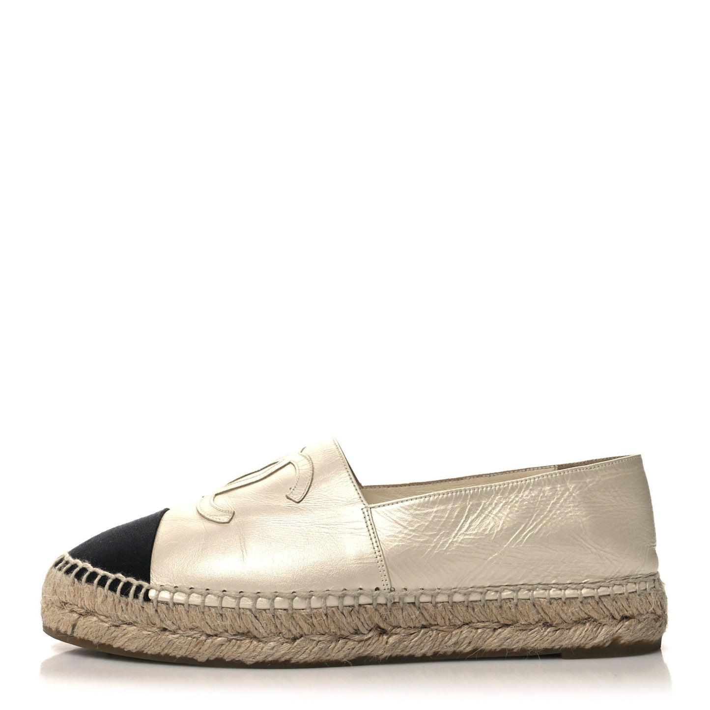 Metallic Calfskin Grosgrain CC Espadrilles 38 Ivory Black
