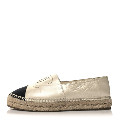 Chanel Metallic Calfskin Grosgrain CC Espadrilles 38 Ivory Black 1 of 9