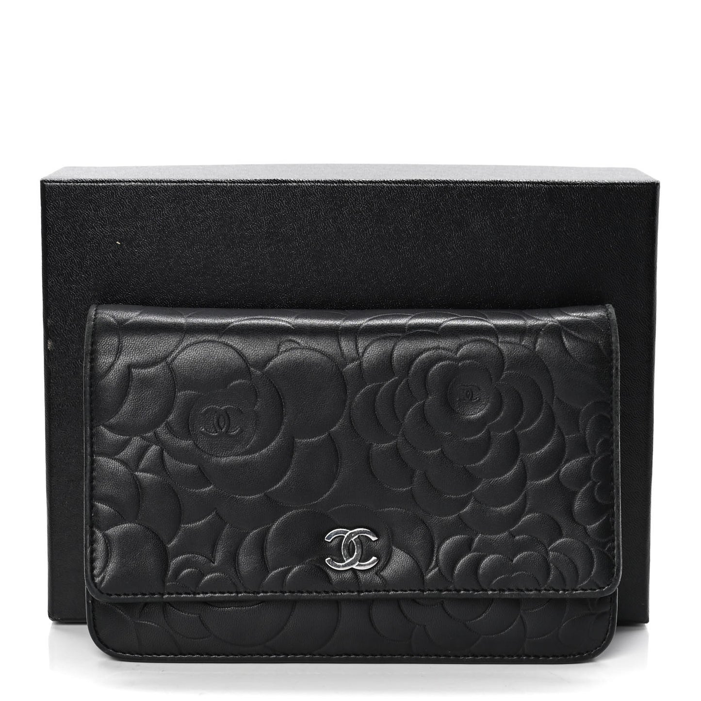 Lambskin Camellia Embossed Wallet on Chain WOC Black
