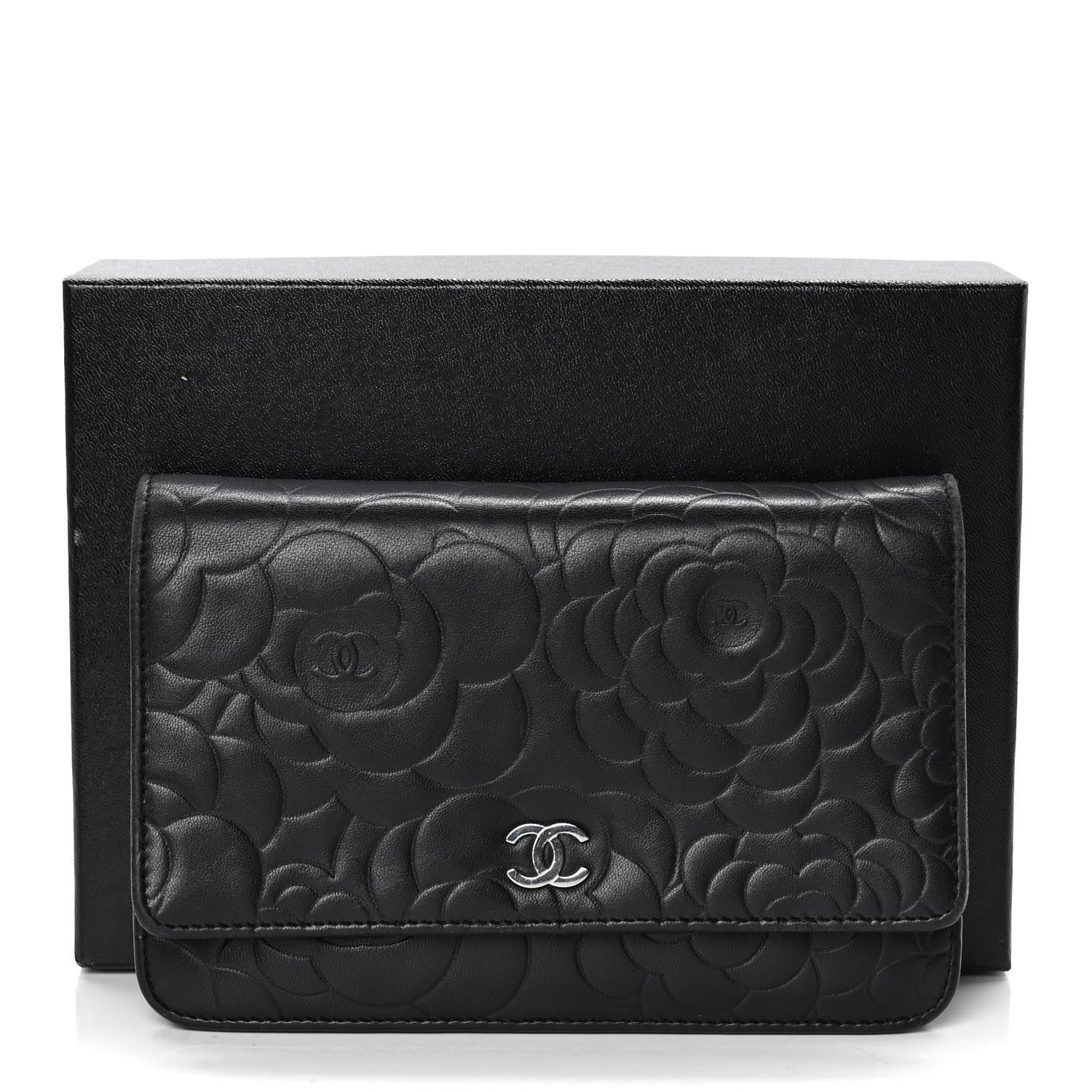 Chanel Lambskin Camellia Embossed Wallet on Chain WOC Black 10 of 10