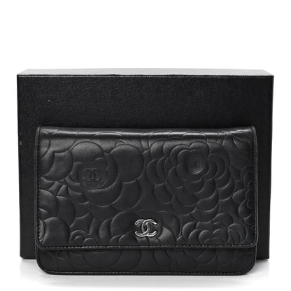 Chanel Lambskin Camellia Embossed Wallet on Chain WOC Black 10 of 10