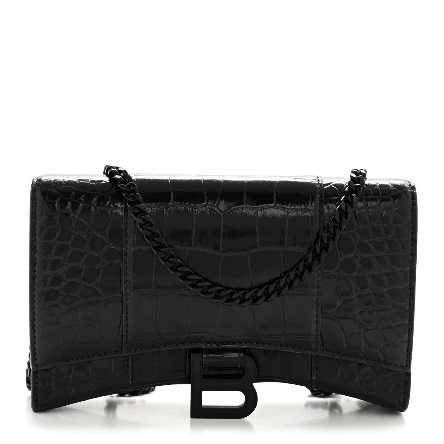Shiny Calfskin Monochrome Crocodile Embossed Hourglass Chain Bag Black
