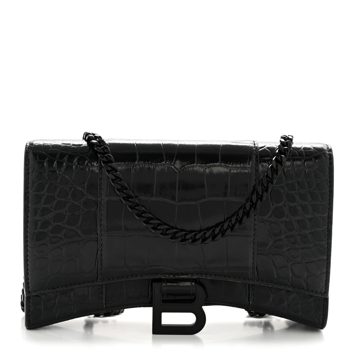 Balenciaga Shiny Calfskin Monochrome Crocodile Embossed Hourglass Chain Bag Black 1 of 15