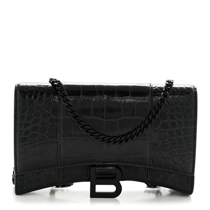 Balenciaga Shiny Calfskin Monochrome Crocodile Embossed Hourglass Chain Bag Black 1 of 15