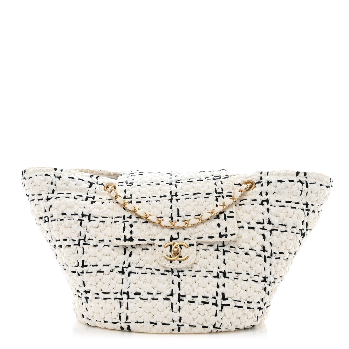 Raffia Effect Tweed Shopping Tote White Black