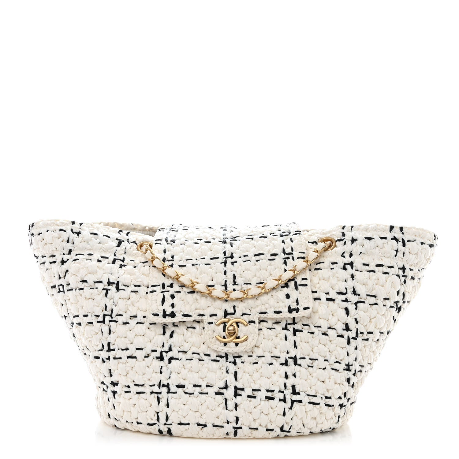 Chanel Raffia Effect Tweed Shopping Tote White Black 1 of 10