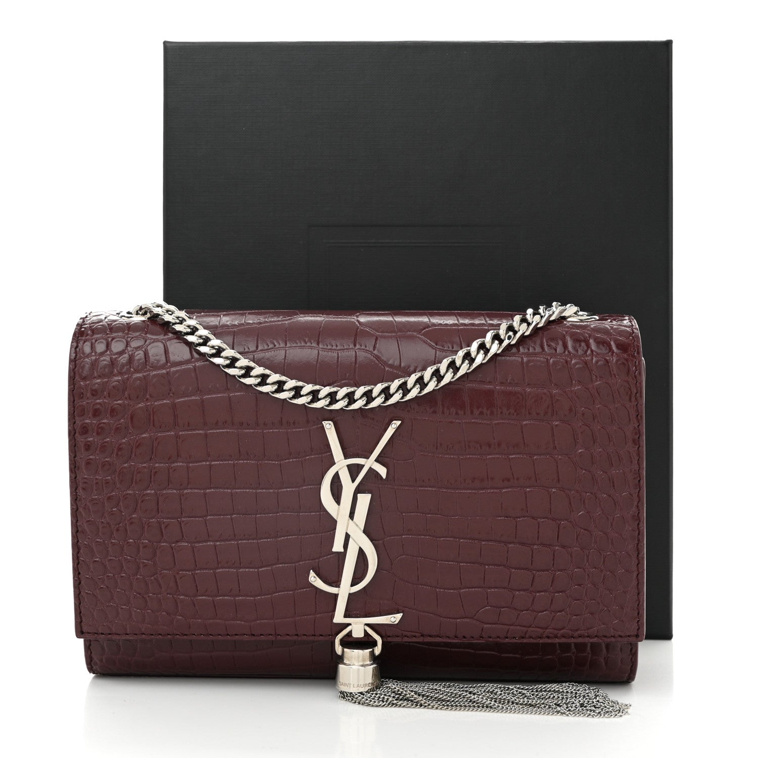 Saint Laurent Calfskin Crocodile Embossed Small Classic Monogram Kate Tassel Satchel Rouge Legion 10 of 10