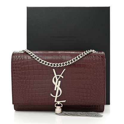 Saint Laurent Calfskin Crocodile Embossed Small Classic Monogram Kate Tassel Satchel Rouge Legion 10 of 10