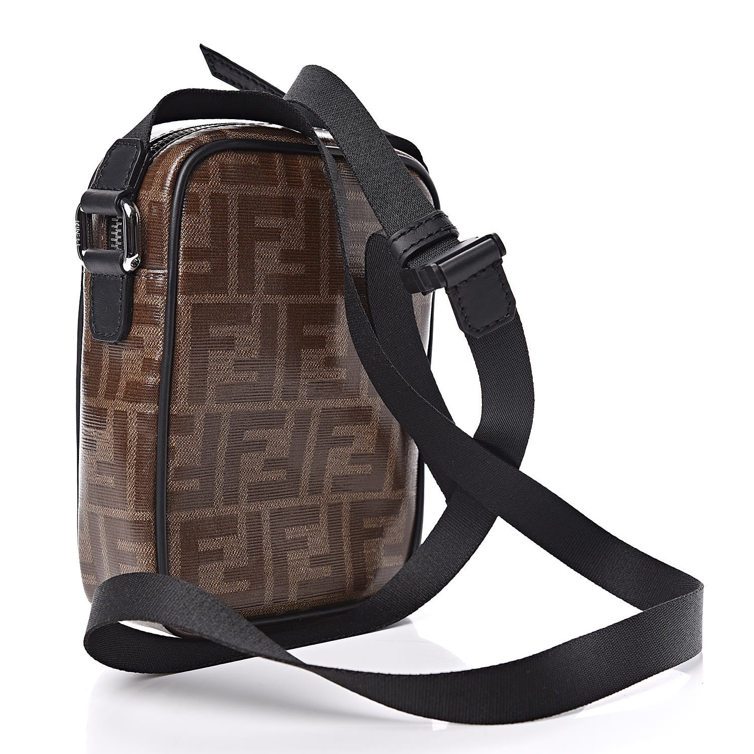 Fendi Glazed Fabric Vitello Century FF 1974 Stamp Patch Small Crossbody Messenger Mogano Panna Black 3 of 9