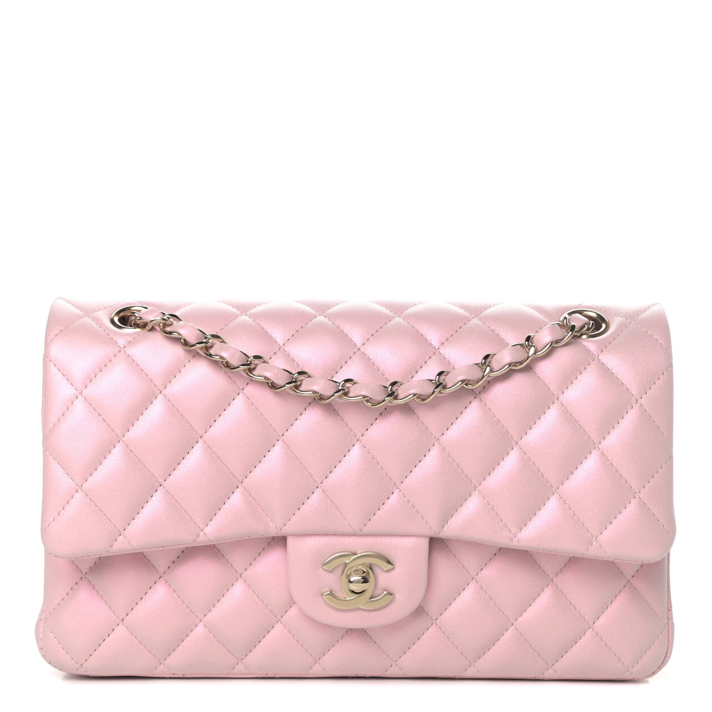 Iridescent Calfskin Quilted Medium Double Flap Light Pink