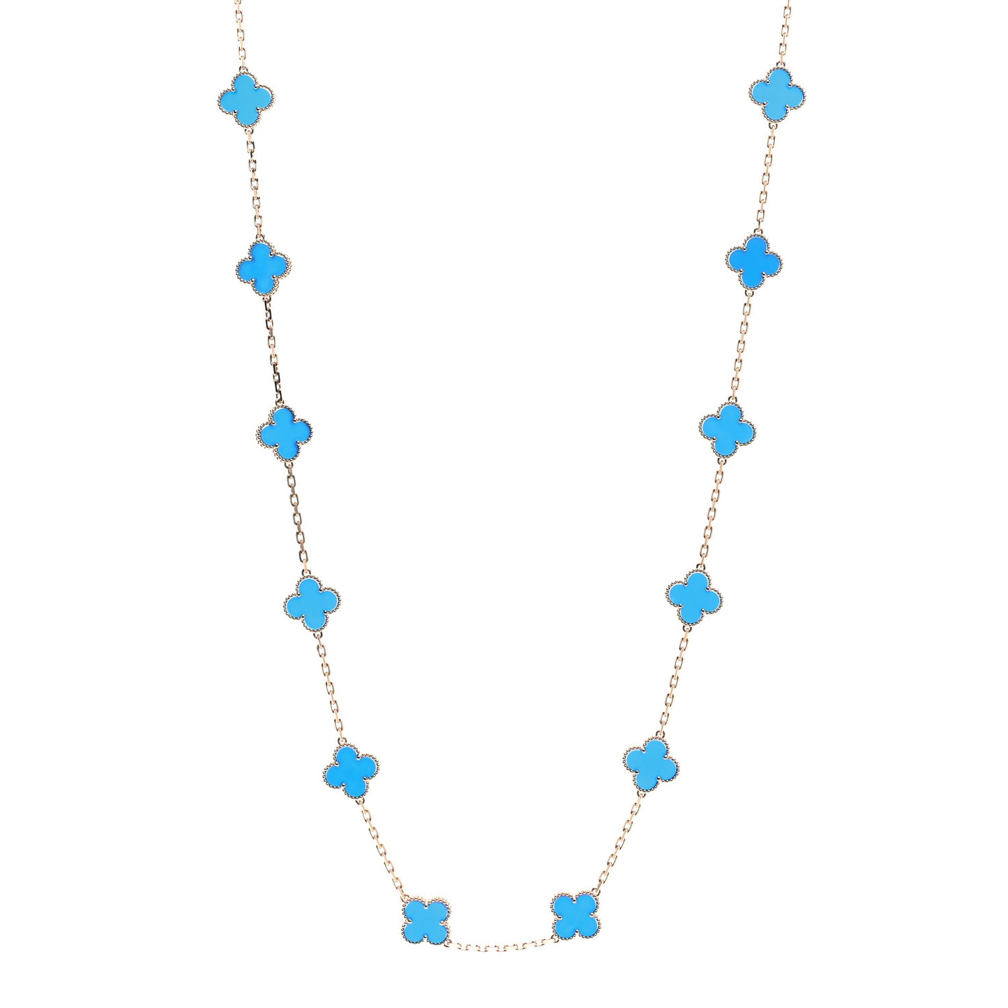 18K Yellow Gold Blue Agate 20 Motifs Vintage Alhambra Necklace