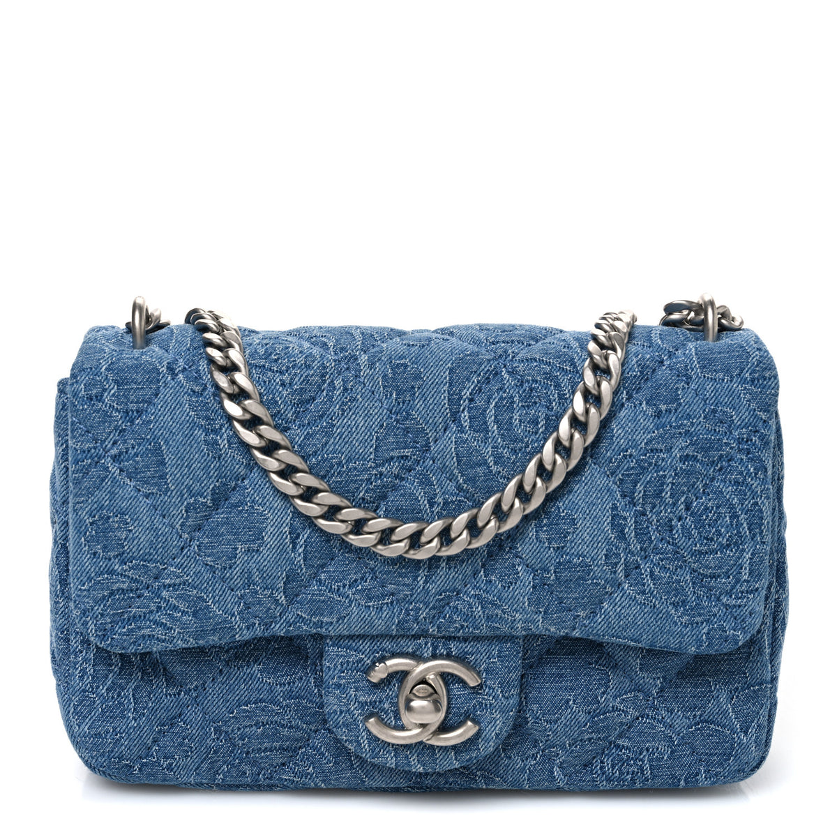 Denim Quilted Camellia Sweetheart Mini Flap Blue