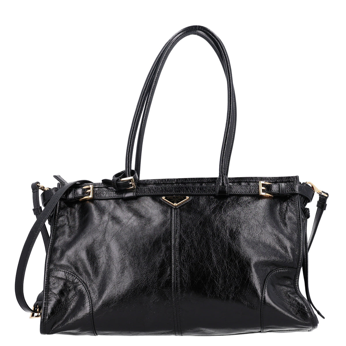 Prada Glossy Calfskin Triangle Large Bonnie Shoulder Bag Black 1 of 9