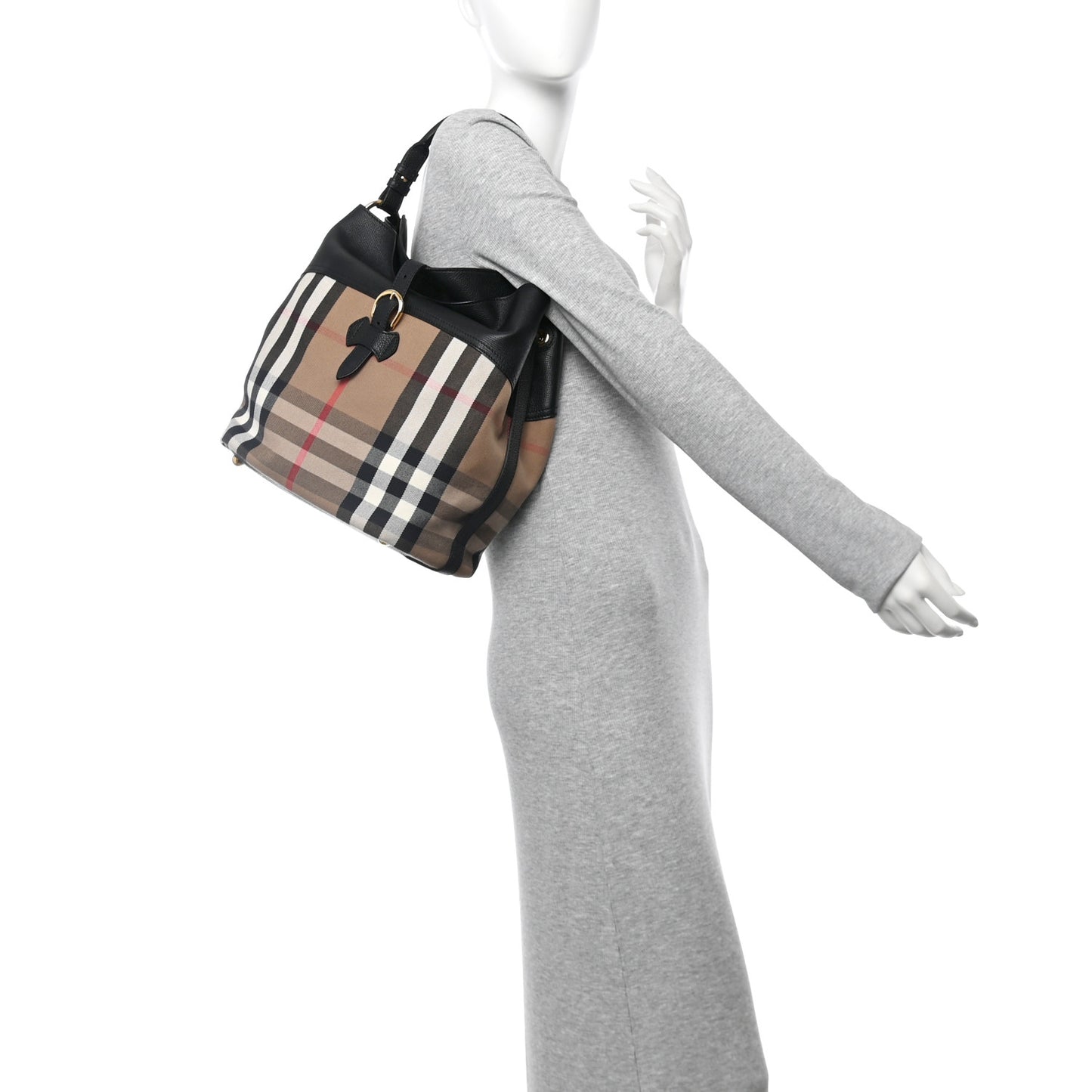 Grainy Calfskin House Check Medium Sycamore Hobo Black
