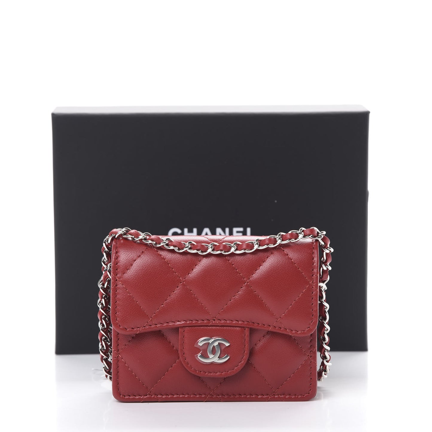 Lambskin Quilted Flap Card Holder On Chain Dark Red