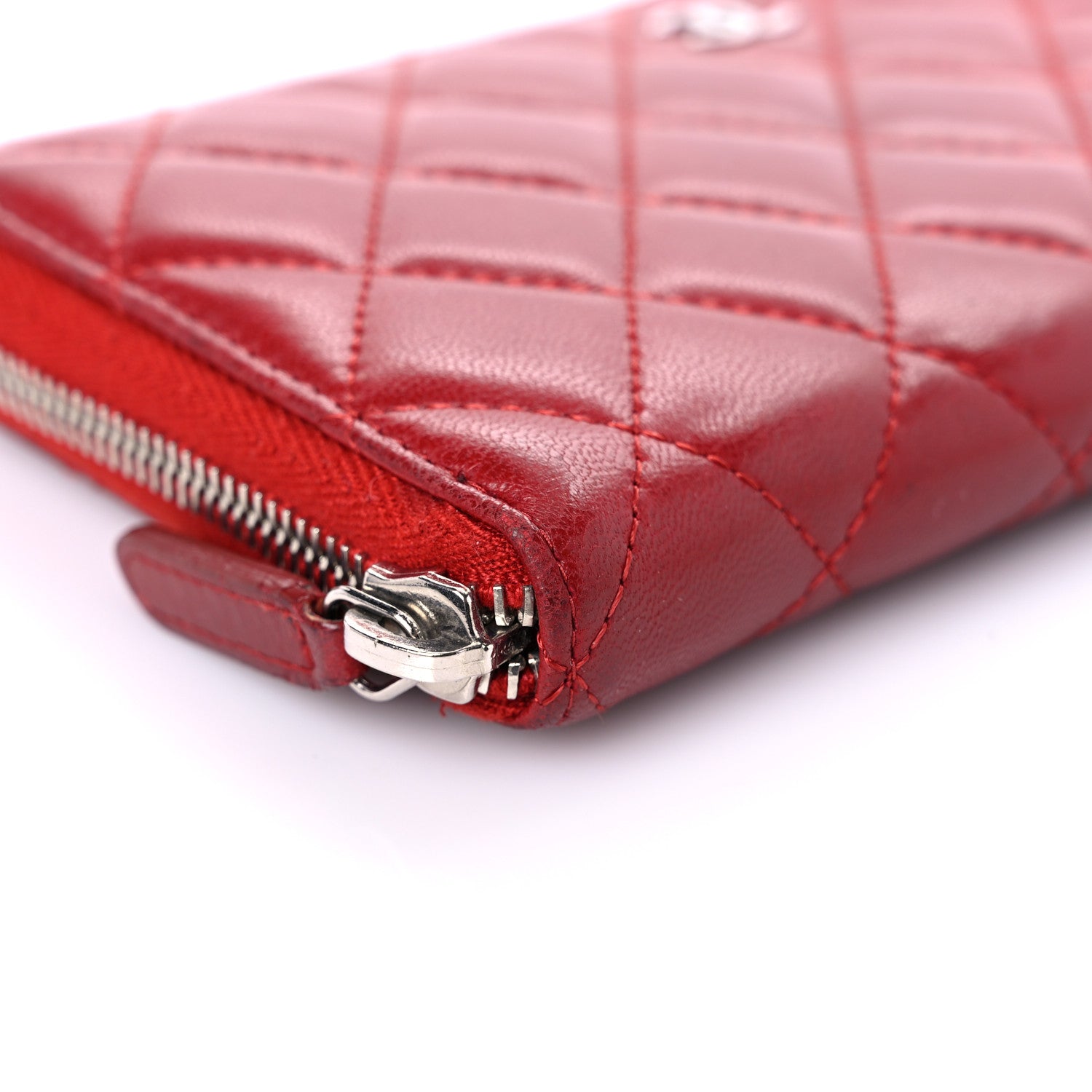 Chanel Lambskin Quilted Gusset Zip Around Wallet Red 9 of 25