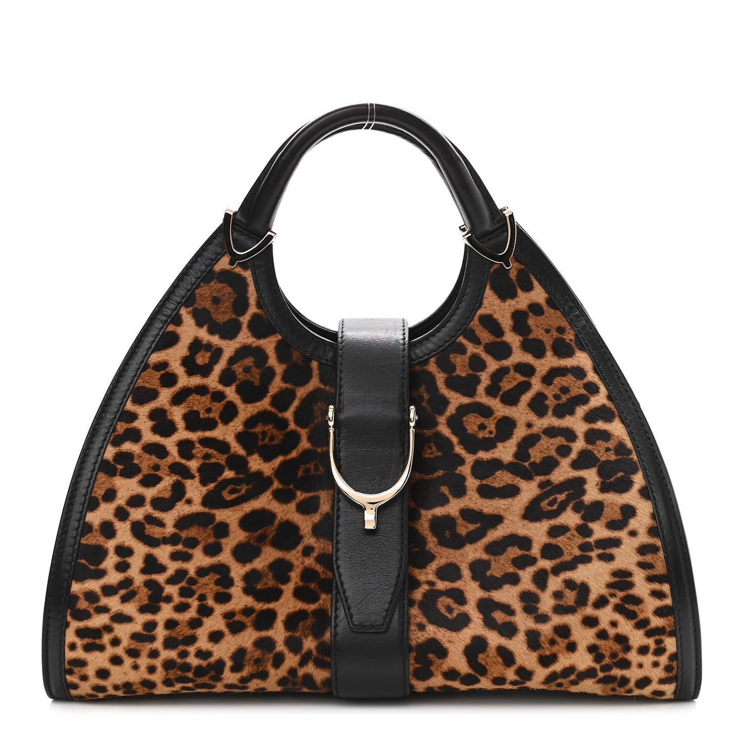 Calf Hair Jaguar Print Medium Stirrup Top Handle Bag Black