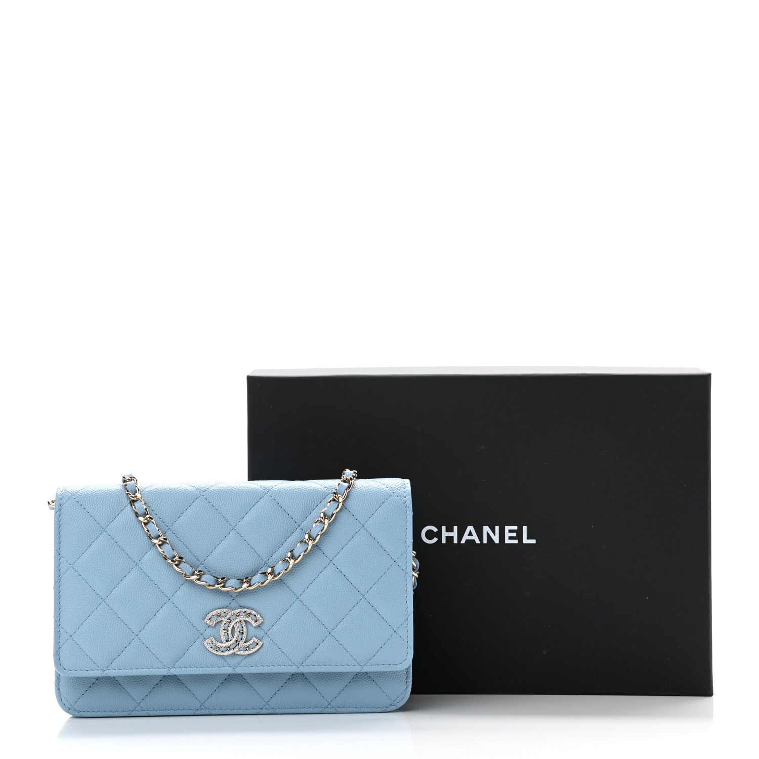 Chanel Caviar Quilted Crystal CC Wallet On Chain WOC Light Blue 12 of 12