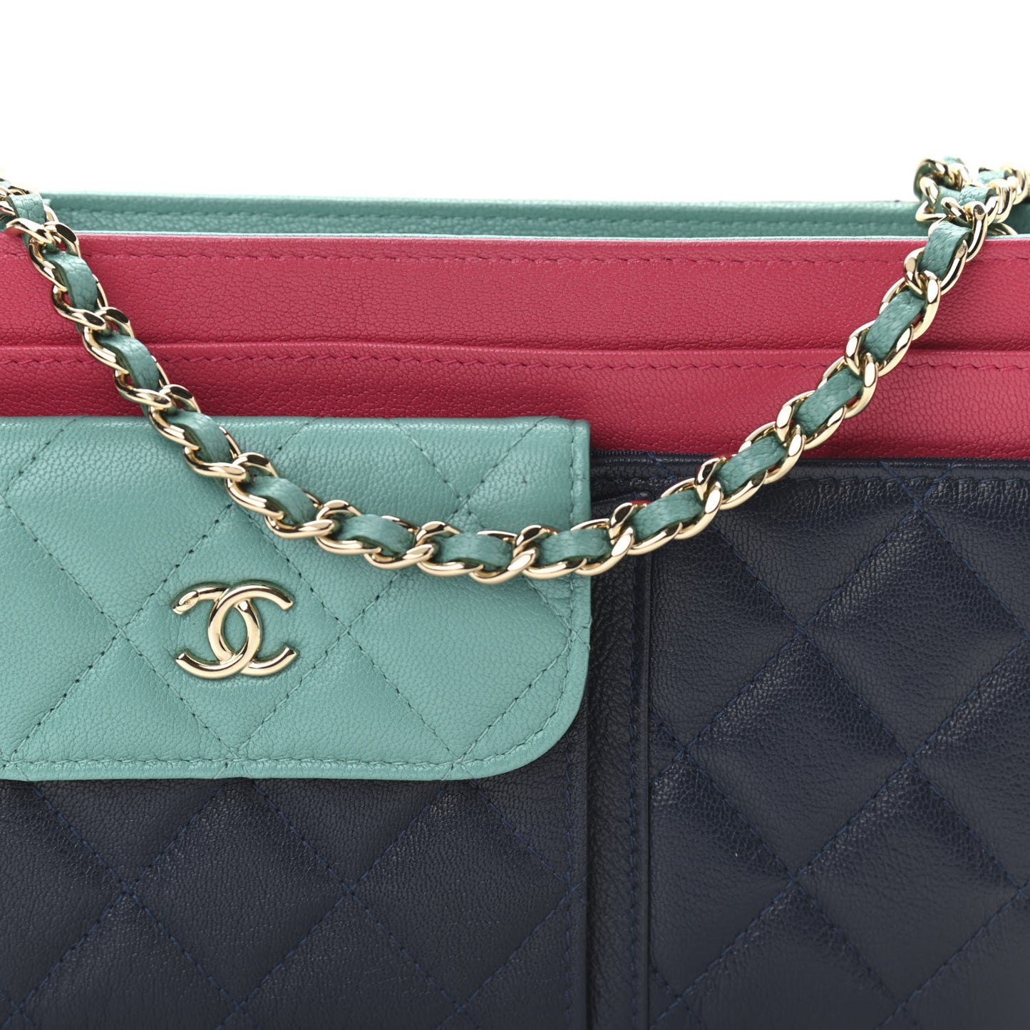 Goatskin Quilted Tri-Color In & Out Chain Wallet Navy Turquoise Pink