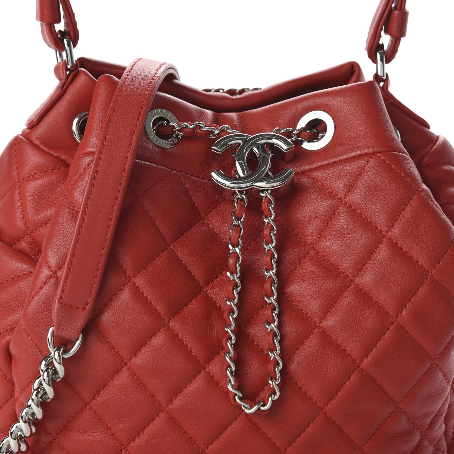 Chanel Lambskin Quilted Small CC Chain Drawstring Bucket Bag Red 9 of 9