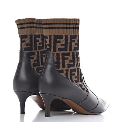 Fendi Vitellino Microfiber Fabric FF Rockoko Low Heel Sock Boots 38.5 Ebano Tobacco Black 4 of 11