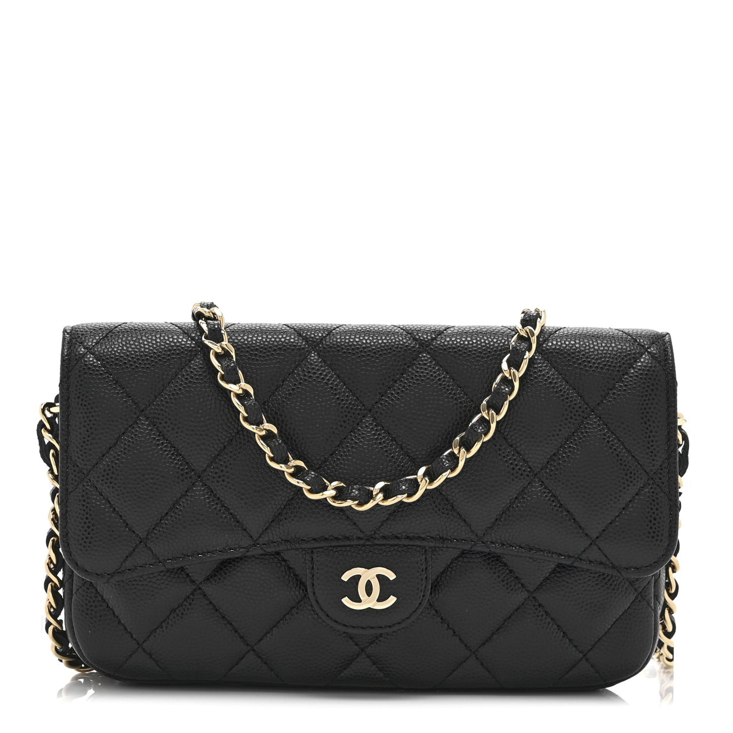 Caviar Quilted Flap Phone Holder With Chain Black Black