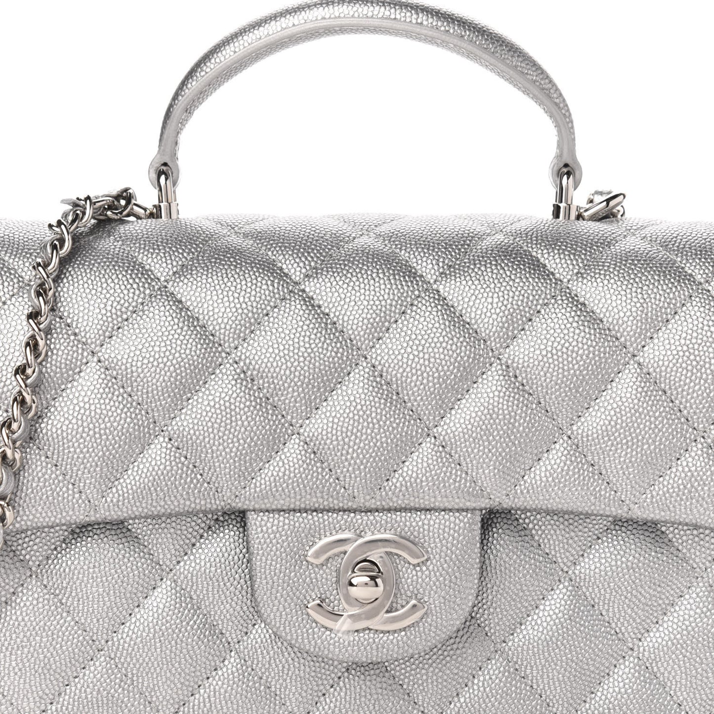Metallic Caviar Quilted Mini Top Handle Rectangular Flap Silver