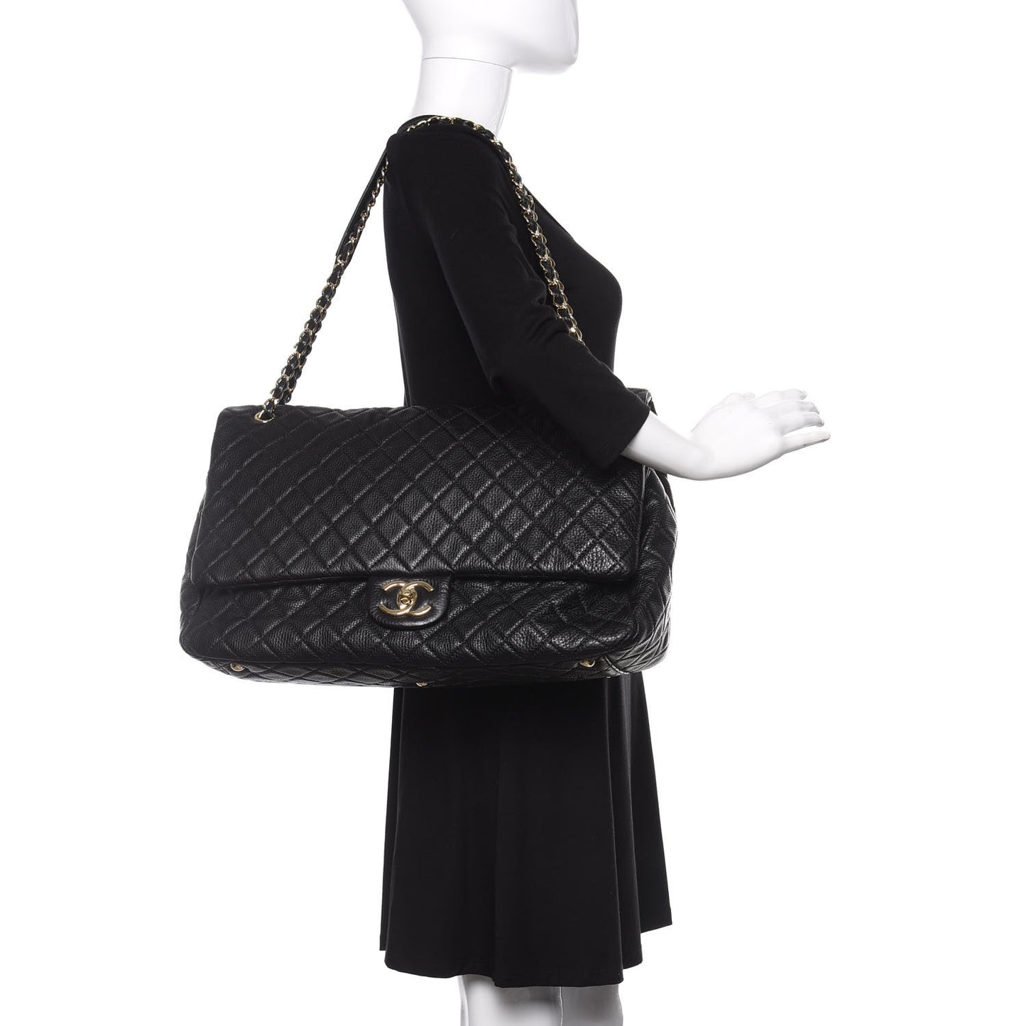Calfskin Quilted XXL Travel Flap Bag Black