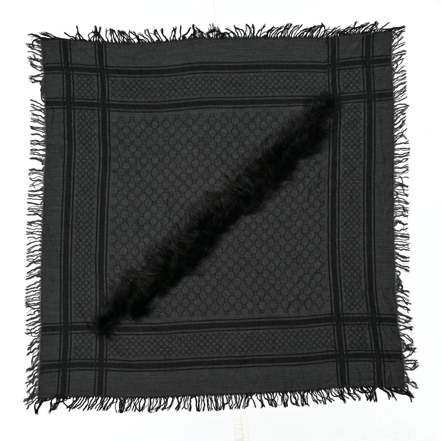 Wool Silk Fox Fur Monogram Shawl Scarf Black