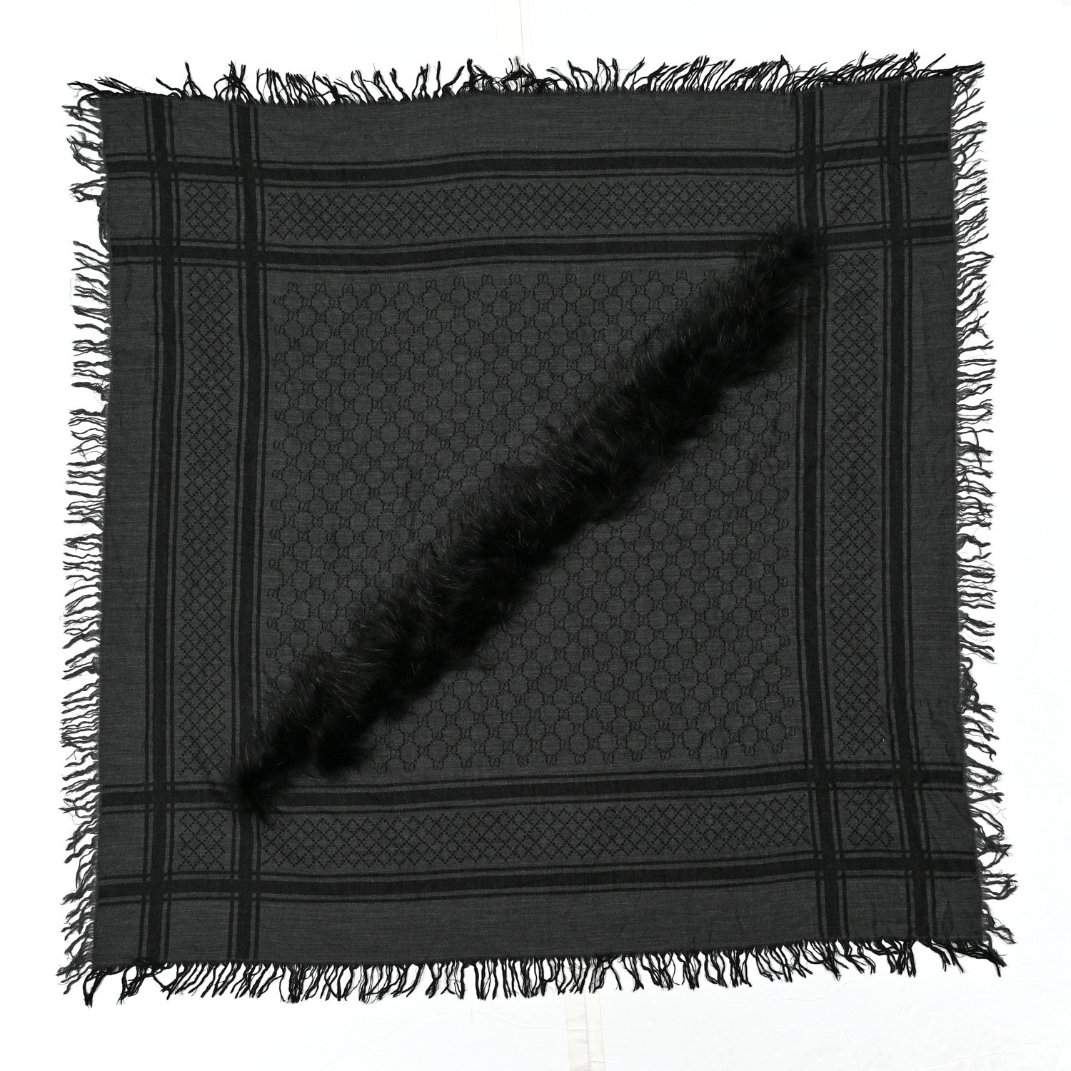 Gucci Wool Silk Fox Fur Monogram Shawl Scarf Black 1 of 5