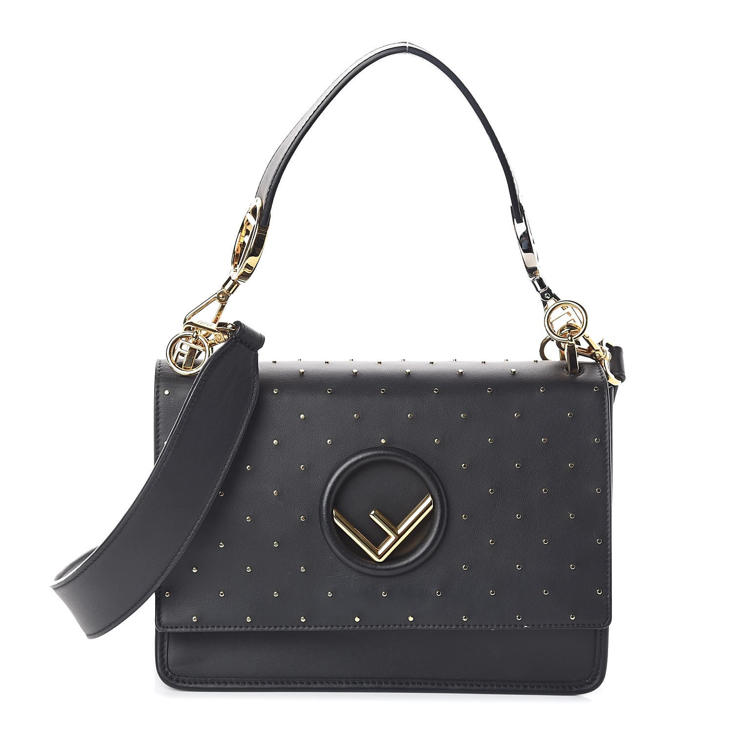 Fendi Vitello Liberty F is Studded Kan I Shoulder Bag Black Gold 1 of 9