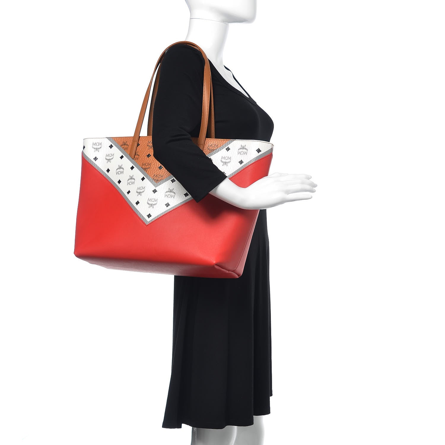 MCM Visetos Chevron Medium Colorblock Anya Zip Top Shopper Tote Cognac White Ruby Red 2 of 10